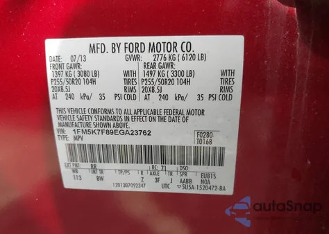 2014 Ford Explorer Limited z USA, uszkodzony, nr VIN 1FM5K7F89EGA23762